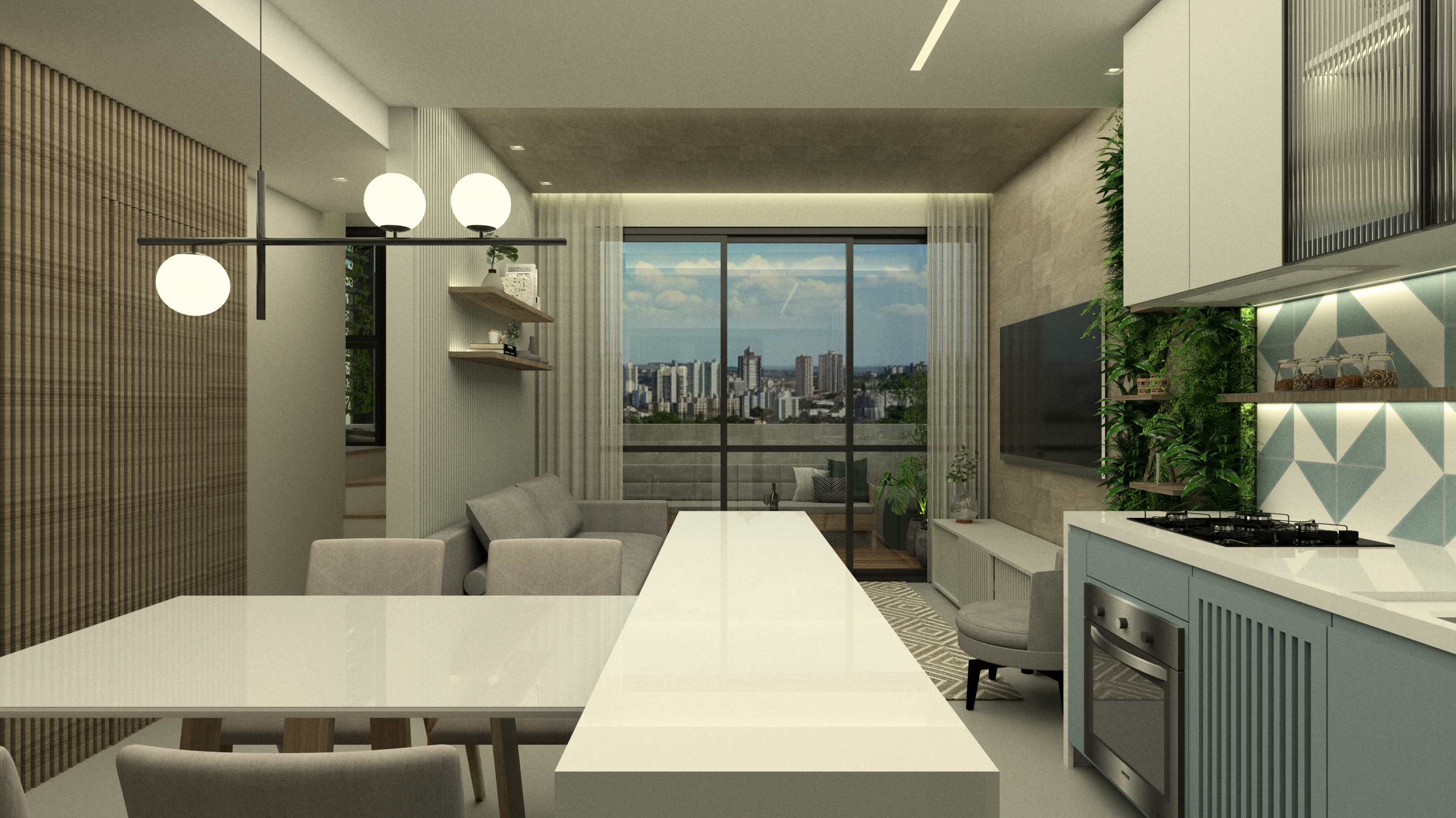 Espaço integrado com vista panorâmica da cidade