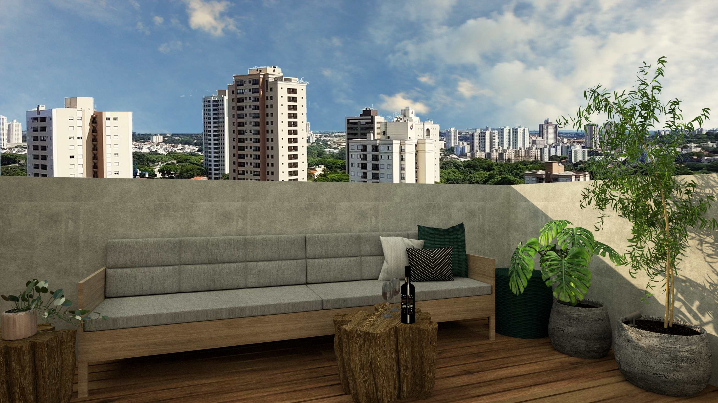 Rooftop com sofá e vista panorâmica