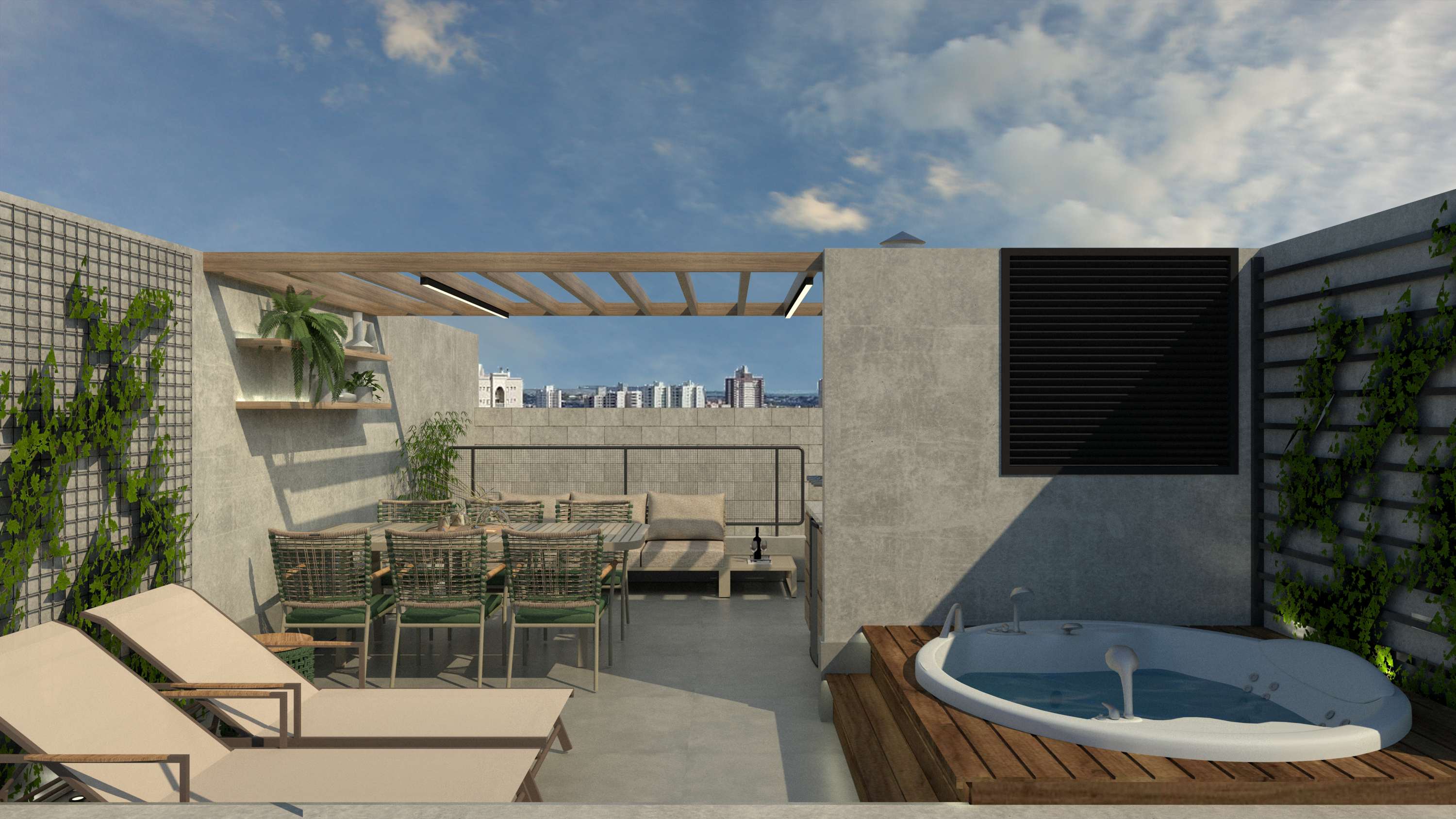 Rooftop com spa e pergolado de madeira