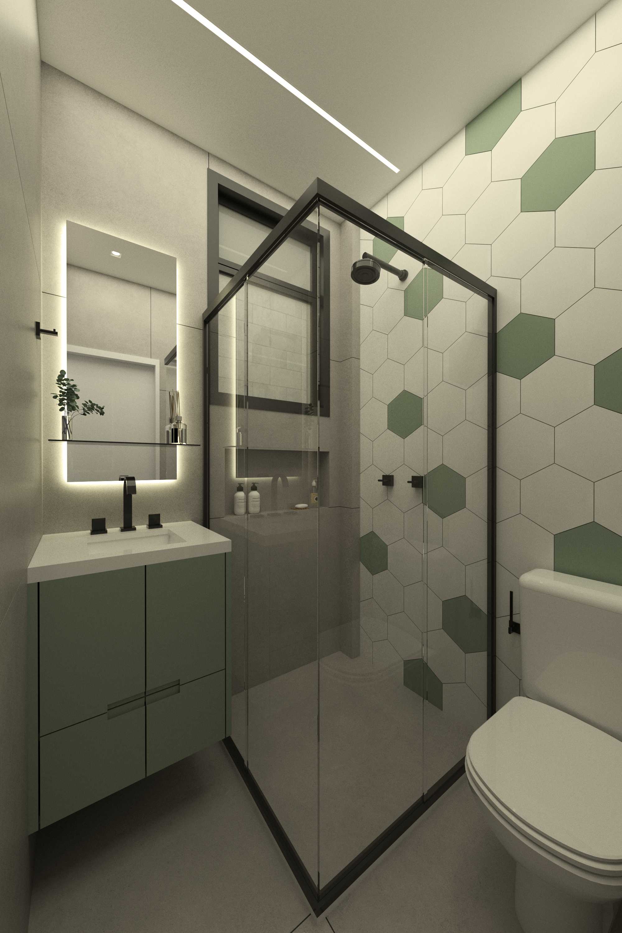 Banheiro com hexágonos verdes