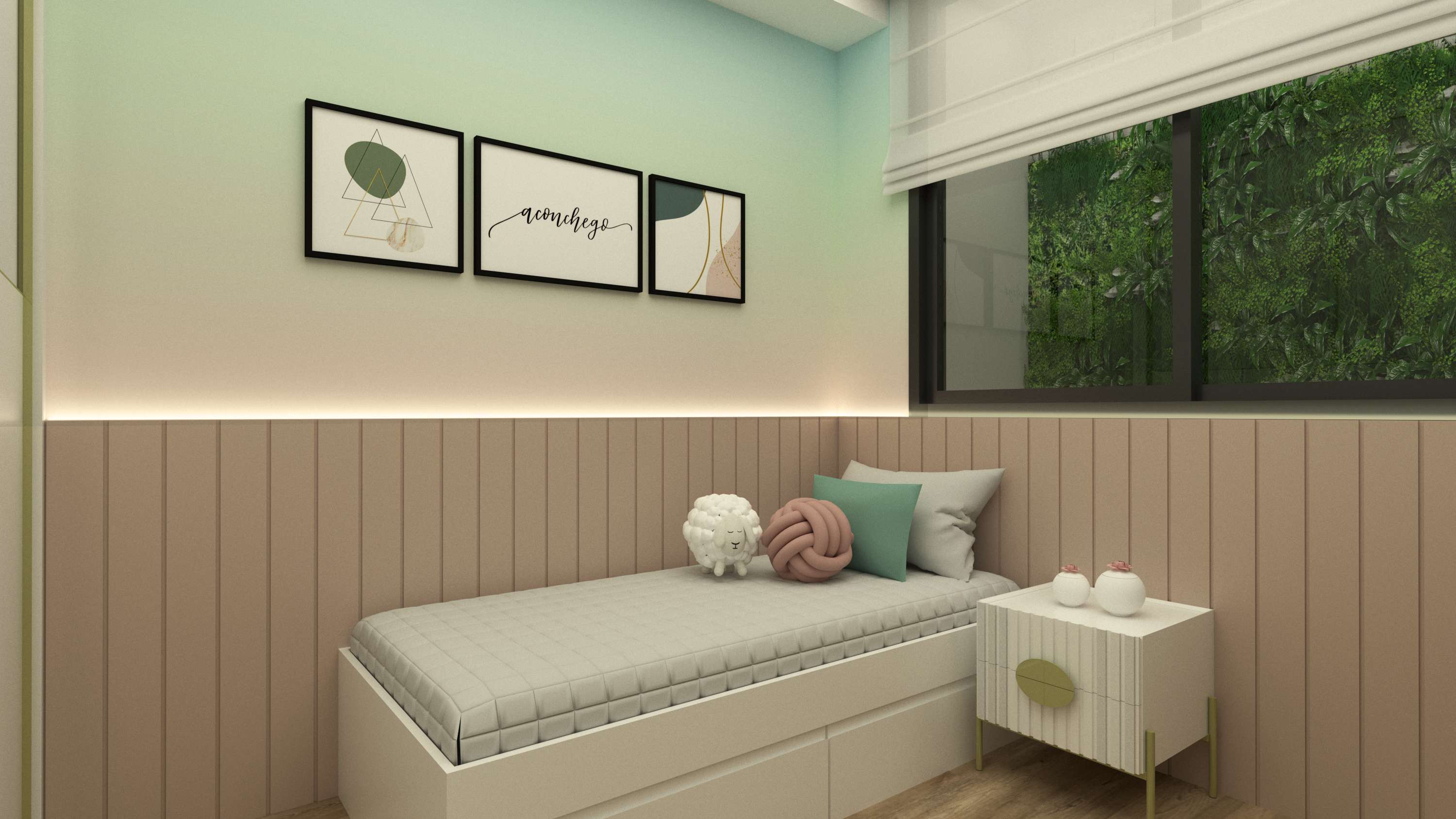 Quarto com parede verde clara
