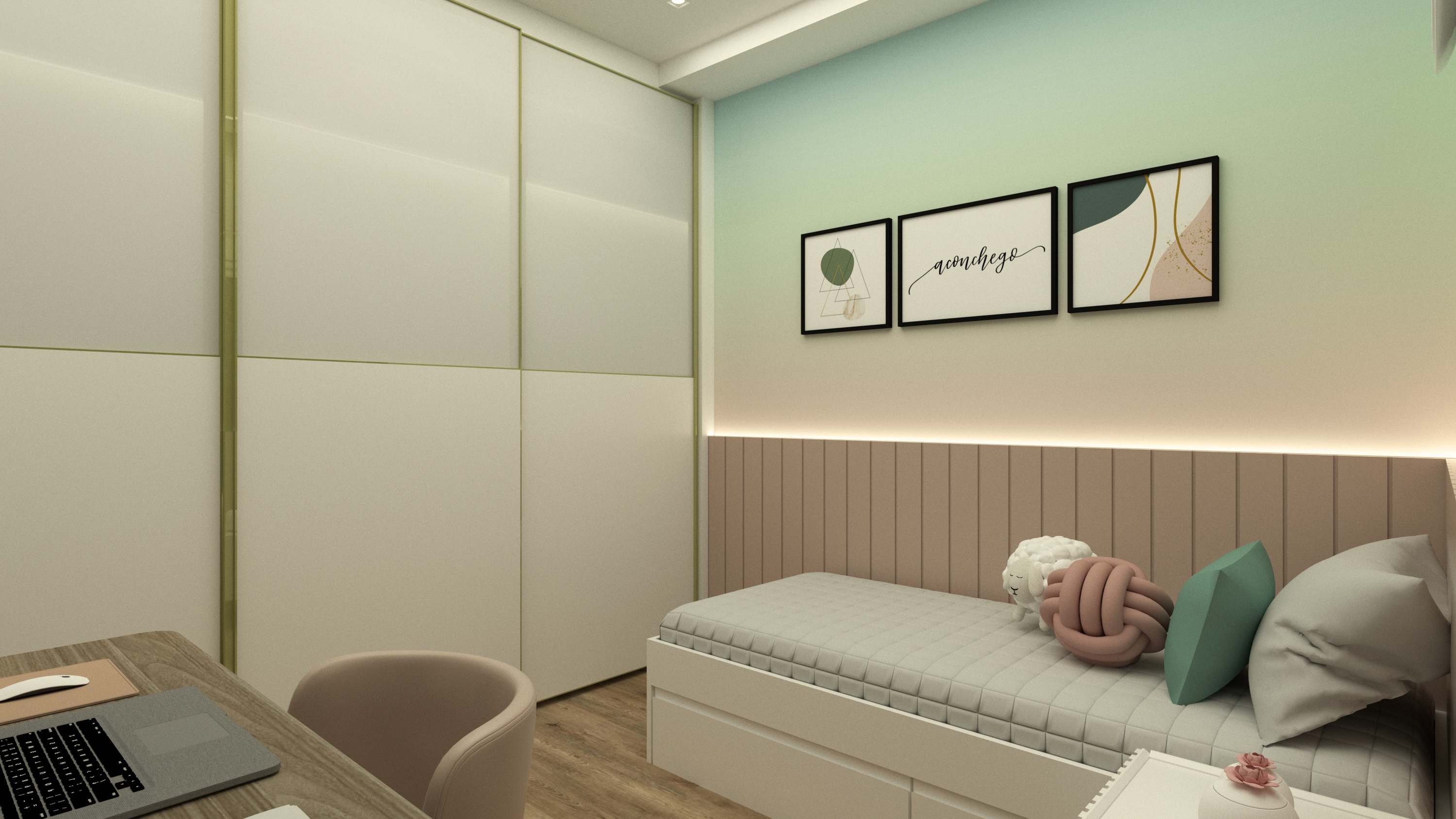 Suite com parede verde-água e quadros decorativos